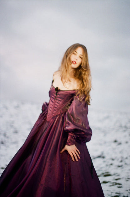 Glam Off The Shoulder Prom Dress Purple Satin Long Sleeve A-Line Evening Dress GG7894