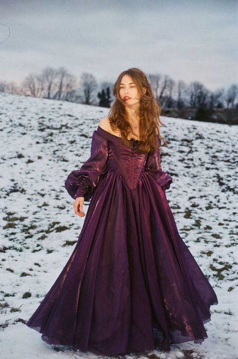 Glam Off The Shoulder Prom Dress Purple Satin Long Sleeve A-Line Evening Dress GG7894