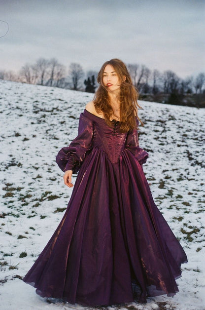 Glam Off The Shoulder Prom Dress Purple Satin Long Sleeve A-Line Evening Dress GG7894