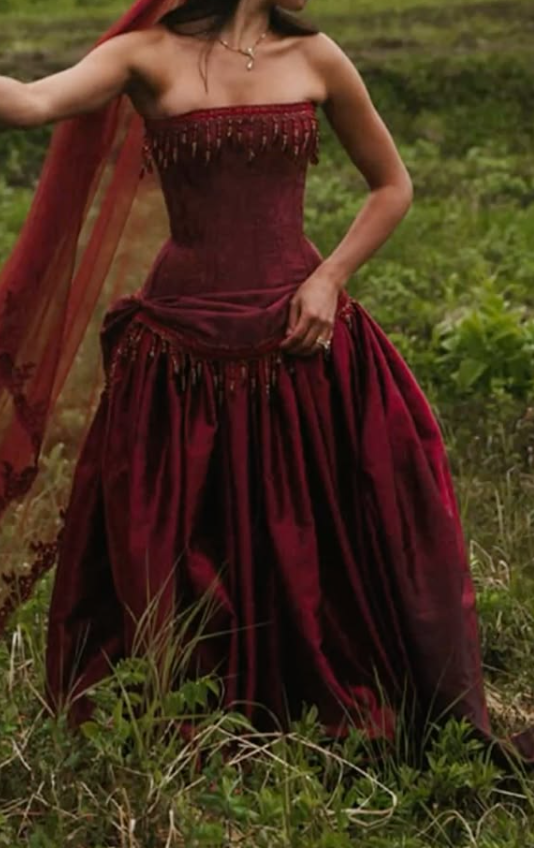 Charming Strapless Prom Dress Red Tassel A-Line Evening Dress GG7896