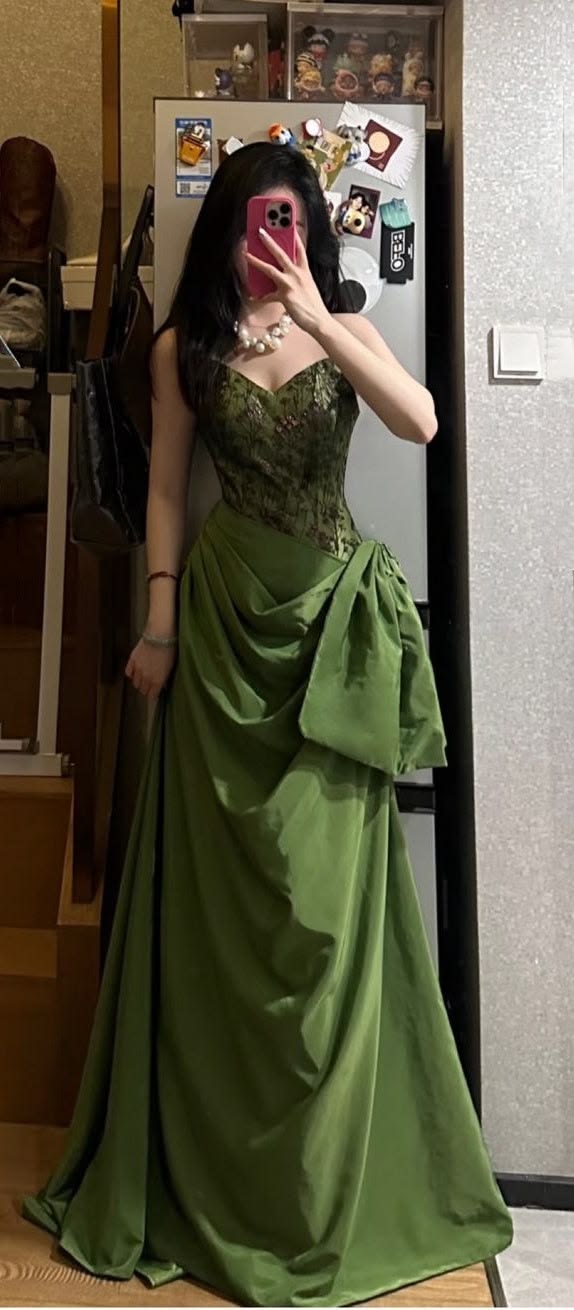 Ornate Strapless Jacquard Prom Dress Green Sequins A-Line Evening Dress GG7899