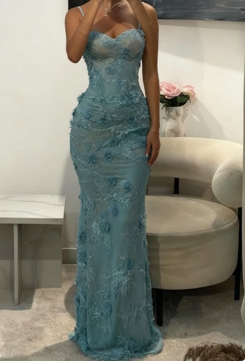 Ethereal Spaghetti Straps Prom Dress Blue Floral Sequins Mermaid Evening Dress GG7904