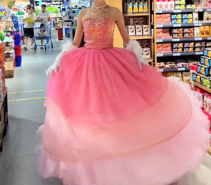 Charming Strapless Pink Prom Dress Sequins Tulle A-Line Evening Dress GG7906