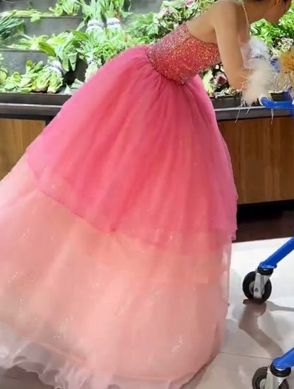 Charming Strapless Pink Prom Dress Sequins Tulle A-Line Evening Dress GG7906