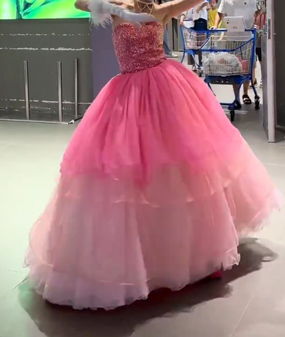 Charming Strapless Pink Prom Dress Sequins Tulle A-Line Evening Dress GG7906
