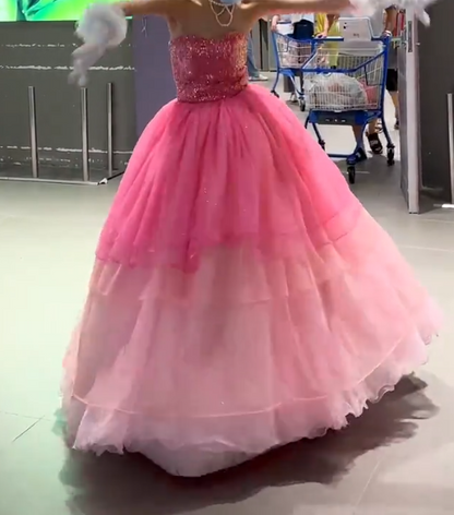 Charming Strapless Pink Prom Dress Sequins Tulle A-Line Evening Dress GG7906
