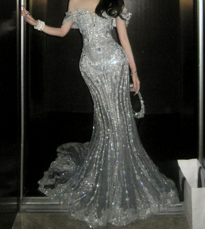 Luxurious Off The Shoulder Wedding Dress Beading Sequins Mermaid Bridal Dress GG7908