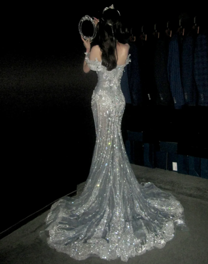 Luxurious Off The Shoulder Wedding Dress Beading Sequins Mermaid Bridal Dress GG7908