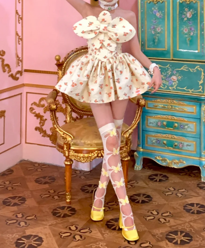 Playful Strapless Homecoming Dress Yellow Floral A-Line Birthday Dress GG7909