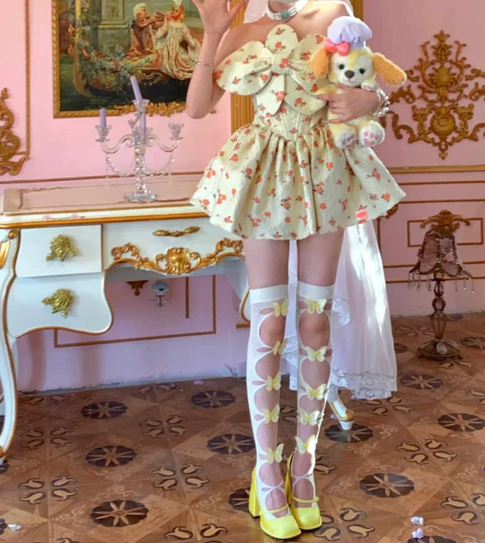 Playful Strapless Homecoming Dress Yellow Floral A-Line Birthday Dress GG7909