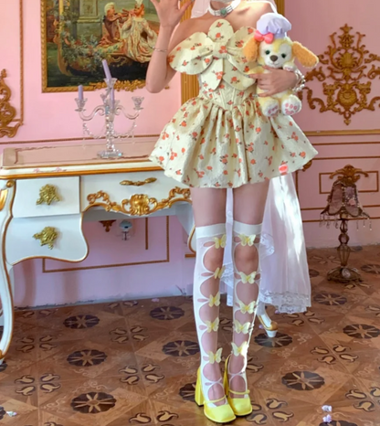 Playful Strapless Homecoming Dress Yellow Floral A-Line Birthday Dress GG7909
