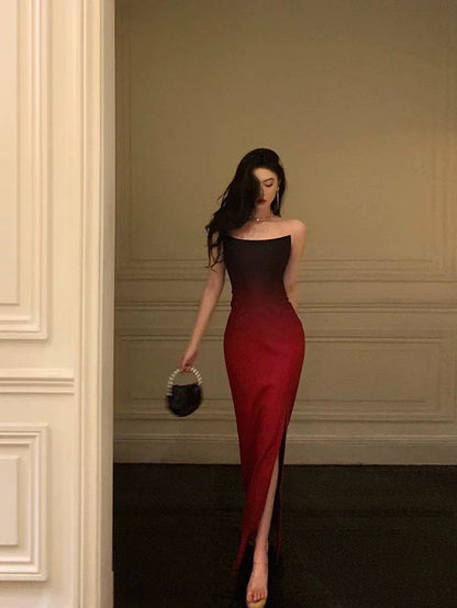 Sexy Mermaid Strapless Ombre Burgundy Satin Slit Long Prom Dress,Evening Dress GG791