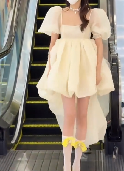 Classical Square Neck Homecoming Dress Yellow Short Sleeve A-Line Birthday Dress GG7910