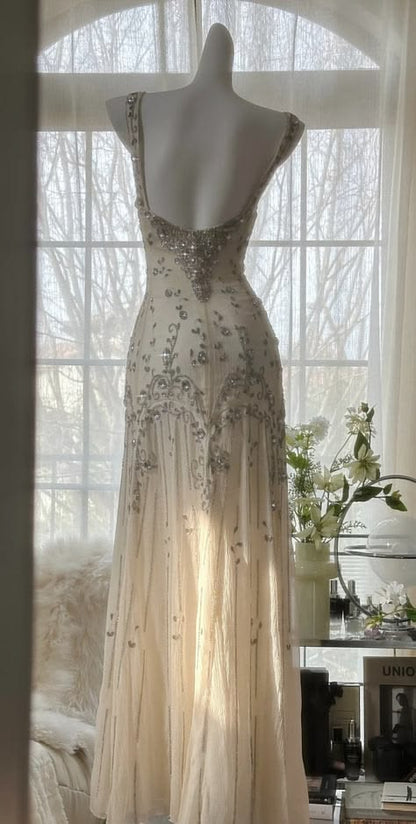 Ornate Spaghetti Straps Prom Dress Blue Beaded Sequins Mermaid Evening Dress GG7911