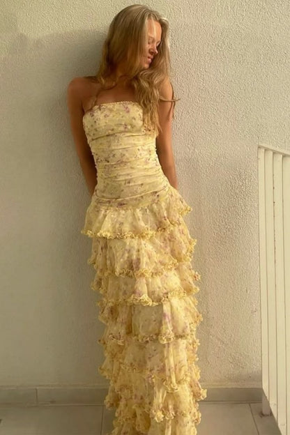Playful Strapless Tiered Prom Dress Floral Ruffles Sheath Evening Dress GG7913