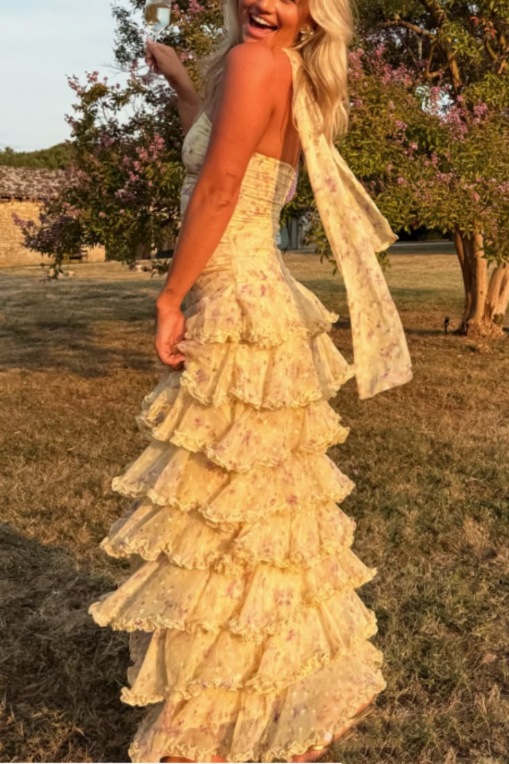 Playful Strapless Tiered Prom Dress Floral Ruffles Sheath Evening Dress GG7913