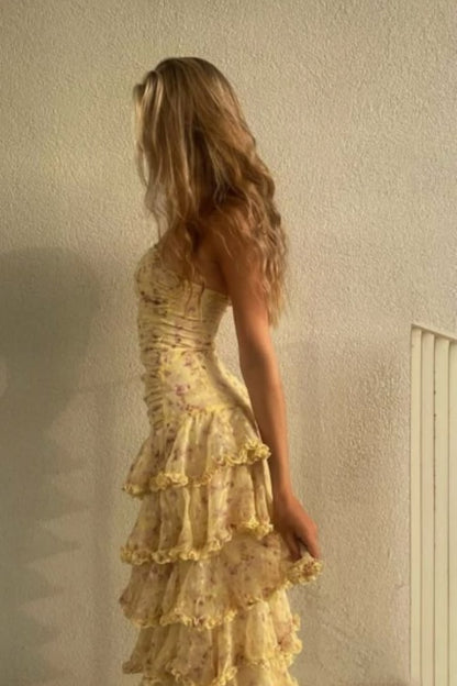 Playful Strapless Tiered Prom Dress Floral Ruffles Sheath Evening Dress GG7913