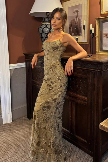 Fascinating Spaghetti Straps Prom Dress Sequins Mermaid Evening Dress GG7918