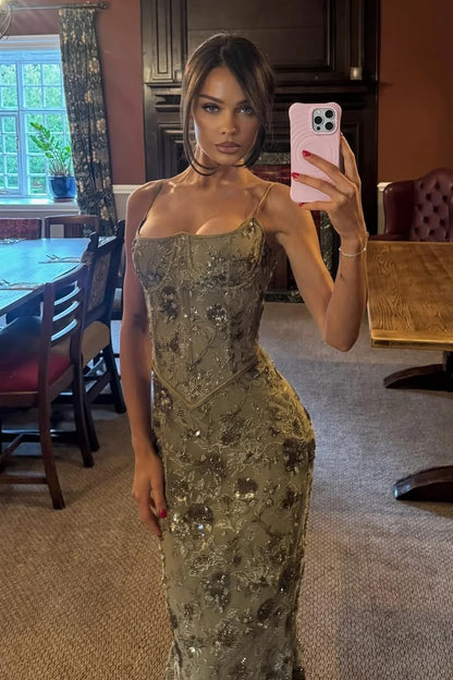 Fascinating Spaghetti Straps Prom Dress Sequins Mermaid Evening Dress GG7918