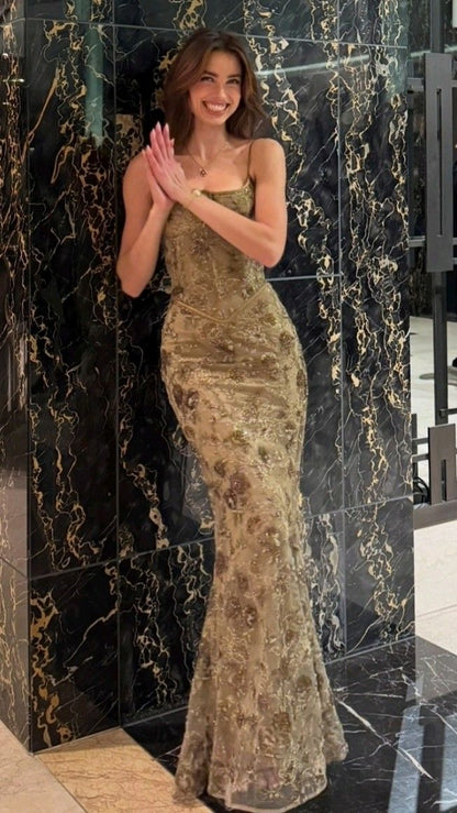 Fascinating Spaghetti Straps Prom Dress Sequins Mermaid Evening Dress GG7918