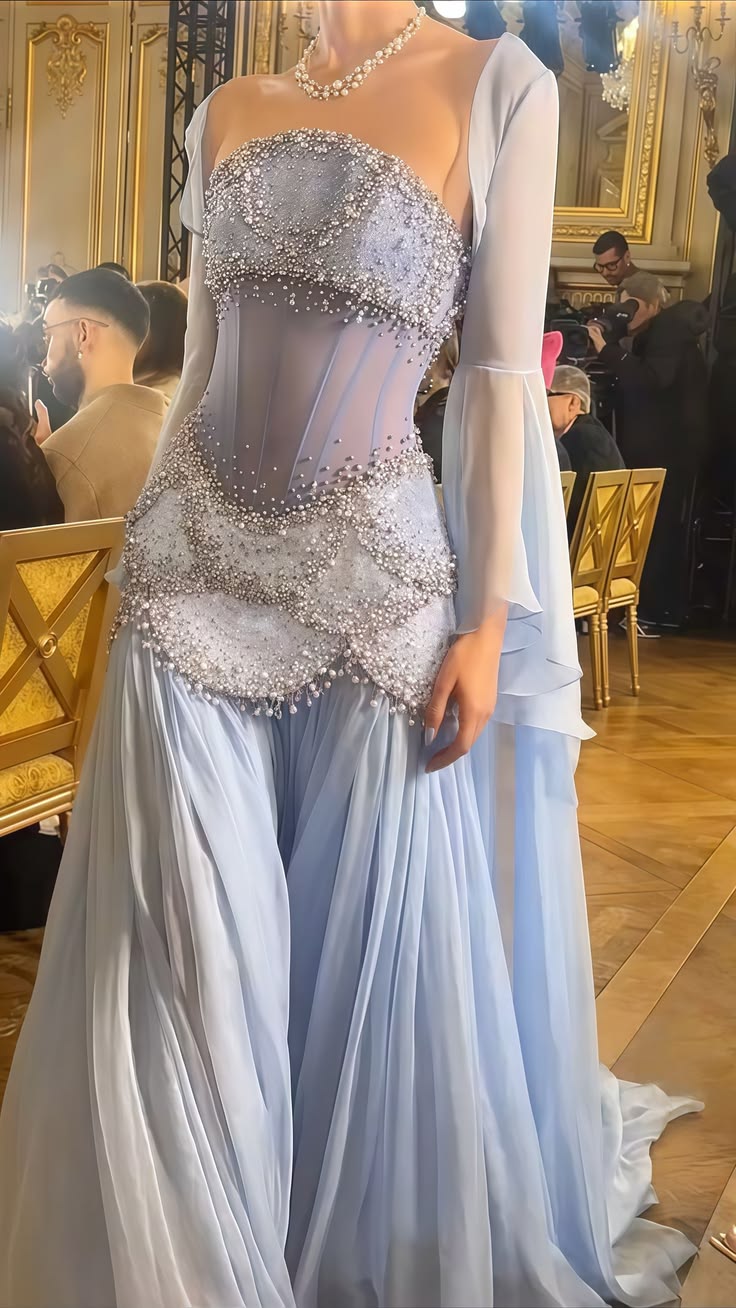 Attractive Strapless Blue Prom Dress Chiffon Sequins A-Line Evening Dress GG7919