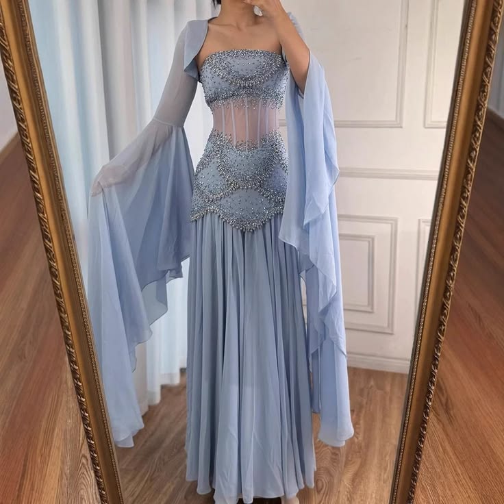 Attractive Strapless Blue Prom Dress Chiffon Sequins A-Line Evening Dress GG7919