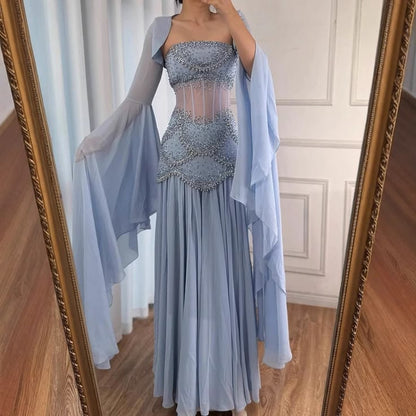 Attractive Strapless Blue Prom Dress Chiffon Sequins A-Line Evening Dress GG7919