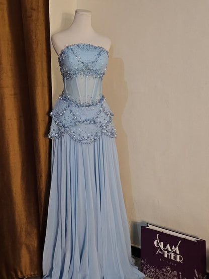 Attractive Strapless Blue Prom Dress Chiffon Sequins A-Line Evening Dress GG7919