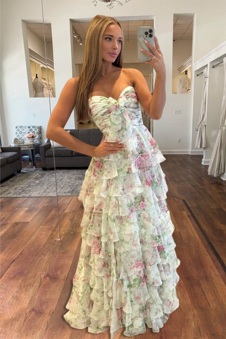 Playful Strapless Tiered Prom Dress Ruffles Floral  A-Line Evening Dress GG7922