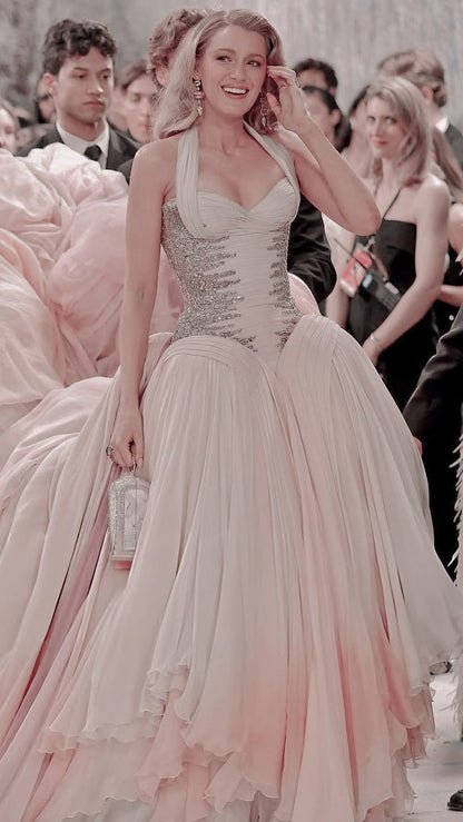 Playful Halter Neck Sequins Prom Dress Pink Ruffles Tulle Evening Dress GG7925