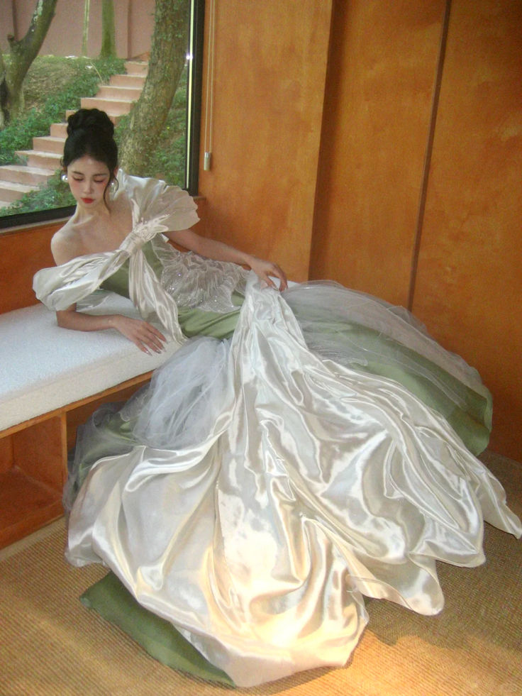Dreamy Off-Shoulder Prom Dress Green Satin Sequins Mermaid Evening Dress GG7926