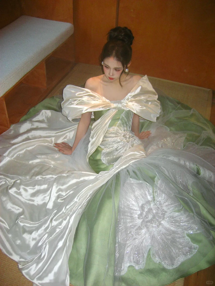 Dreamy Off-Shoulder Prom Dress Green Satin Sequins Mermaid Evening Dress GG7926