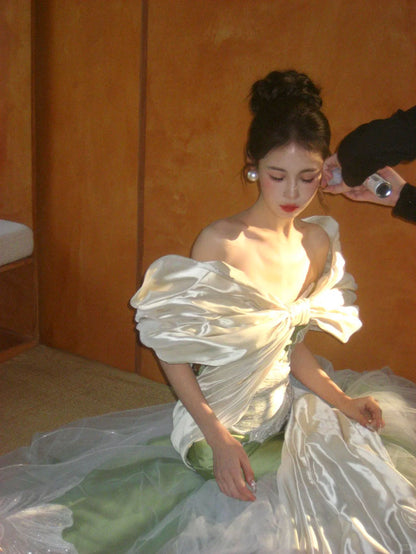 Dreamy Off-Shoulder Prom Dress Green Satin Sequins Mermaid Evening Dress GG7926