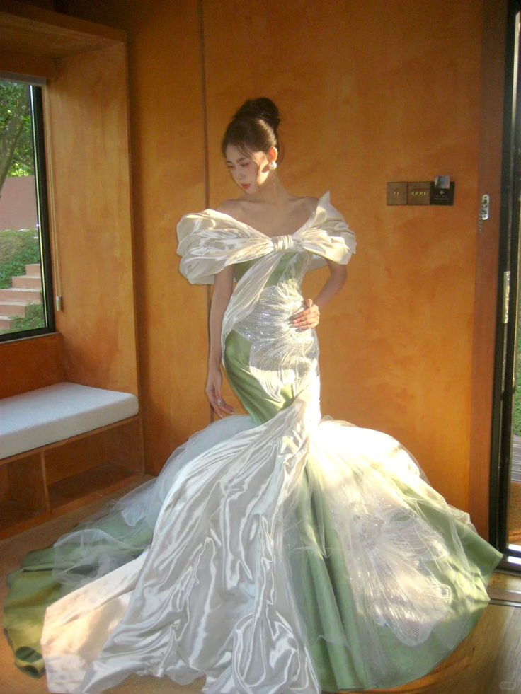 Dreamy Off-Shoulder Prom Dress Green Satin Sequins Mermaid Evening Dress GG7926