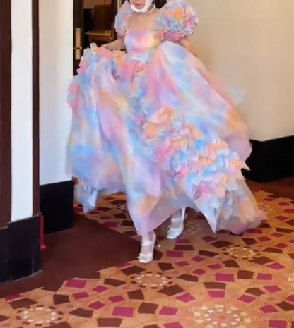 Beautiful Square Neck Prom Dress Tie-Dye Ball Gowns Ruffles Evening Dress GG7928