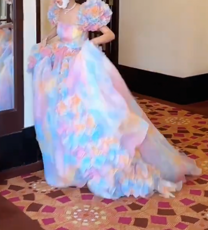 Beautiful Square Neck Prom Dress Tie-Dye Ball Gowns Ruffles Evening Dress GG7928