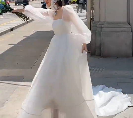 Glam Square Neck Wedding Dress Long Sleeve Tulle A-Line Bridal Dress GG7930