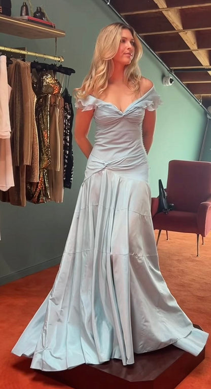 Elegant Off The Shoulder Prom Dress Blue Ruffles Mermaid Evening Dress GG7933