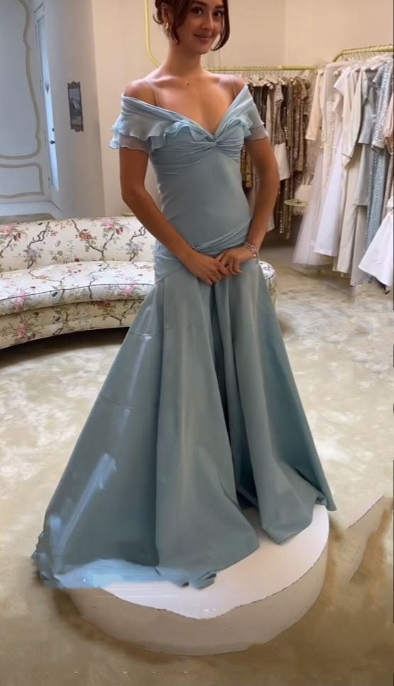 Elegant Off The Shoulder Prom Dress Blue Ruffles Mermaid Evening Dress GG7933
