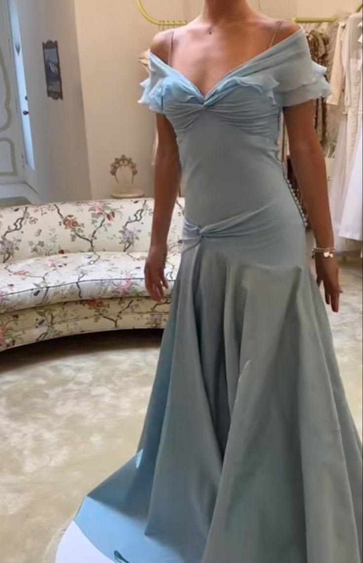 Elegant Off The Shoulder Prom Dress Blue Ruffles Mermaid Evening Dress GG7933