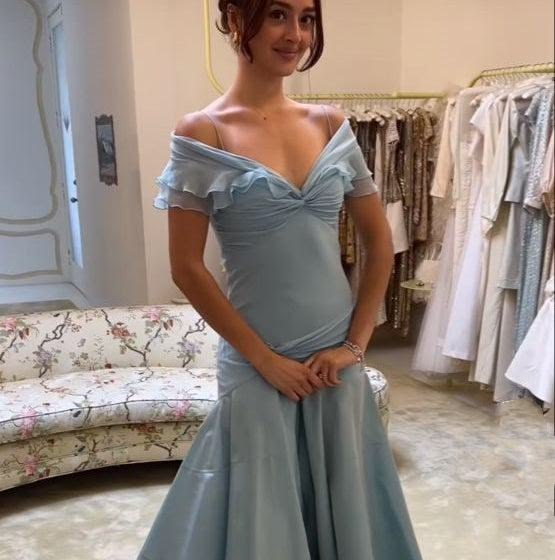 Elegant Off The Shoulder Prom Dress Blue Ruffles Mermaid Evening Dress GG7933