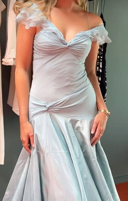 Elegant Off The Shoulder Prom Dress Blue Ruffles Mermaid Evening Dress GG7933