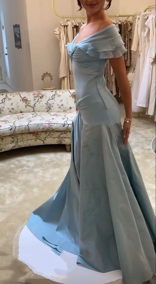 Elegant Off The Shoulder Prom Dress Blue Ruffles Mermaid Evening Dress GG7933