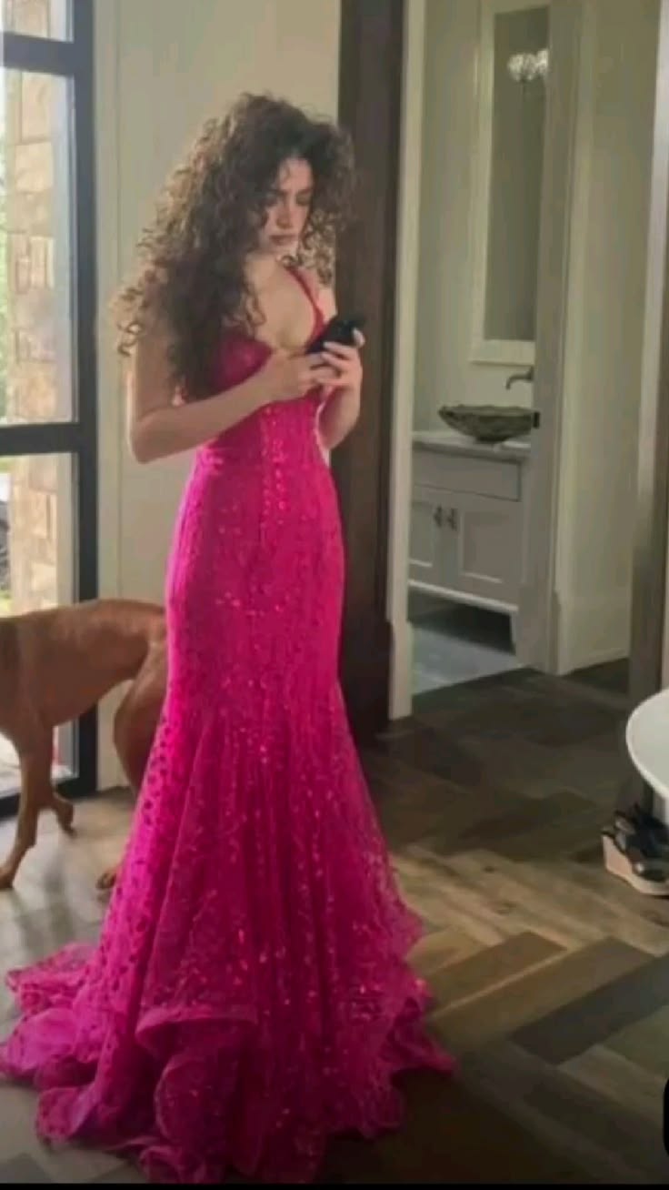 Attractive Spaghetti Straps Prom Dress Hot Pink Sequins Mermaid Evening Dress GG7934