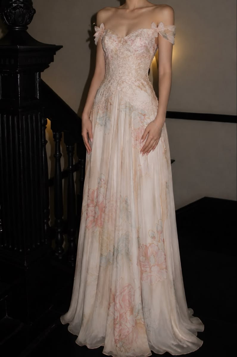 Dreamy Off The Shoulder Prom Dress Lace Floral A-Line Evening Dress GG7936