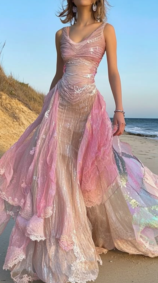 Lustrous U Neck Prom Dress Pink Lace Tulle A-Line Evening Dress GG7938