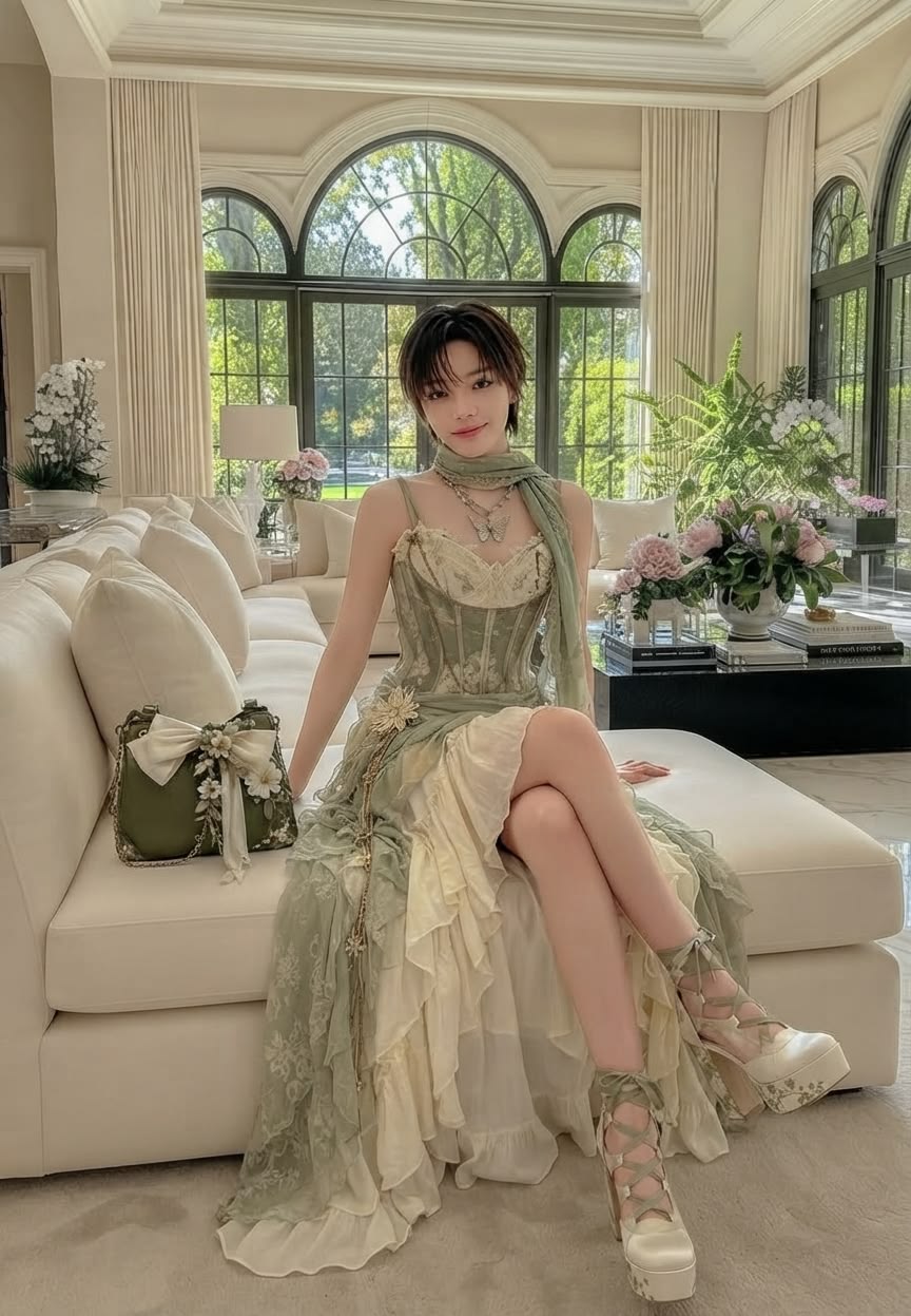 Vintage Spaghetti Straps Prom Dress Green Lace Floral A-Line Evening Dress GG7939