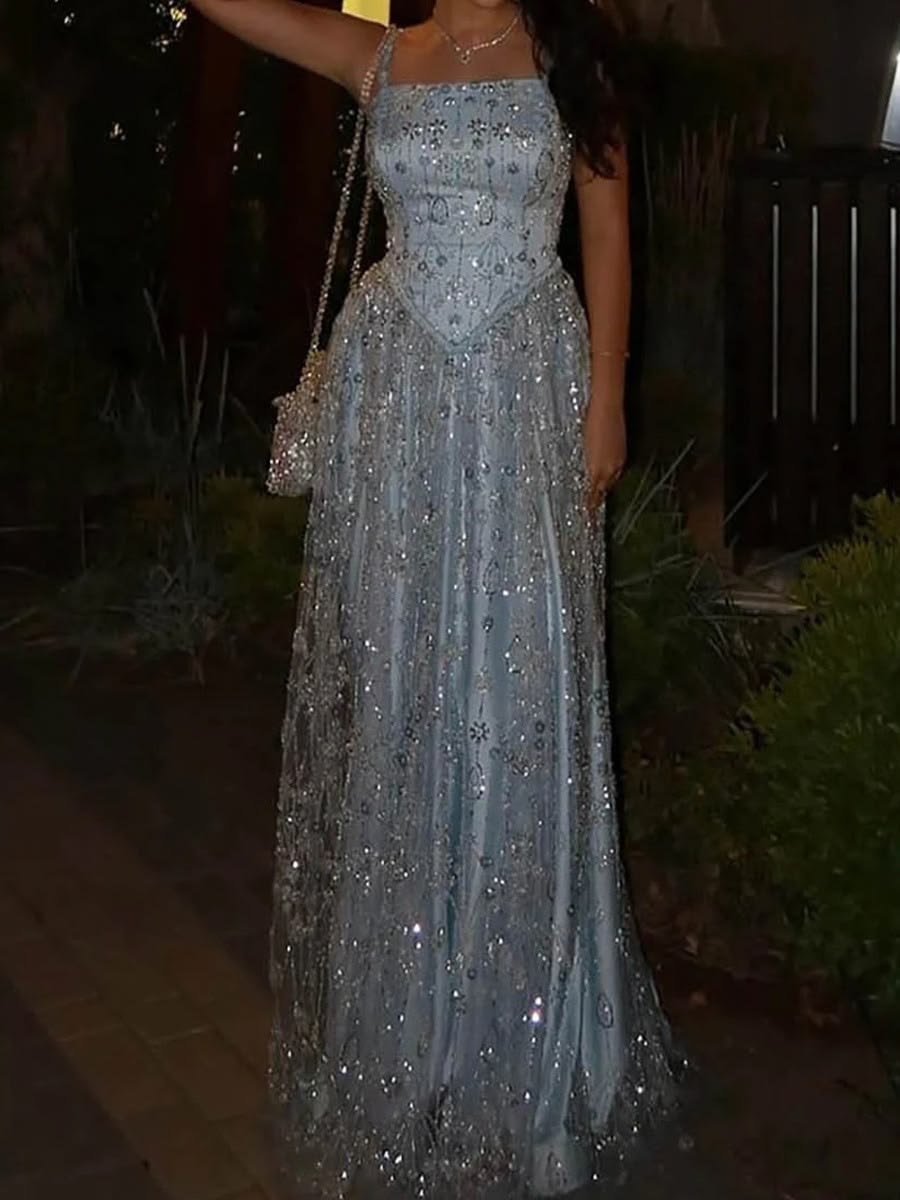 Romantic Spaghetti Straps Prom Dress Blue Sequins A-Line Evening Dress GG7940