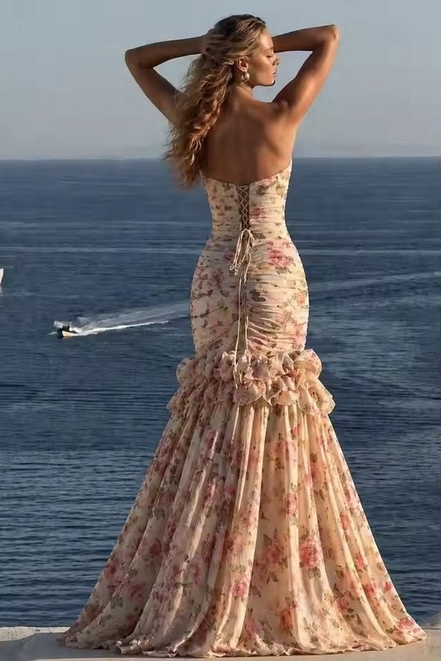 Unique Strapless Floral Prom Dress Ruffles Mermaid Evening Dress GG7941