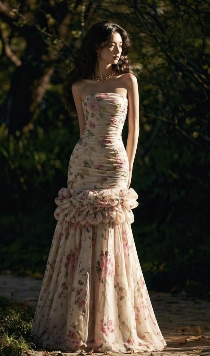 Unique Strapless Floral Prom Dress Ruffles Mermaid Evening Dress GG7941